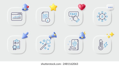 Electricity power, Place and Website statistics line icons. Buttons with 3d bell, chat speech, cursor. Pack of Manual, Fake information, Inspect icon. Discrimination, Magic wand pictogram. Vector