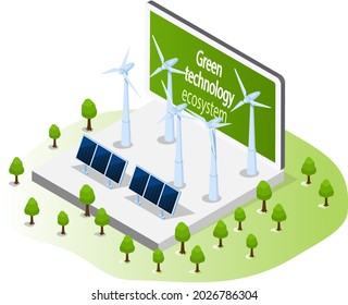 Electricity power stations for alternative energy concept. Solar panels and wind turbines for eco-friendly electricity producing. Renewable net energy. Power production using green technology