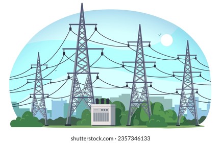 Electricity power transmission line towers. Industrial electrical energy supply pylons row with transformer, high electric voltage cables, sky, cityscape in background. Flat vector illustration