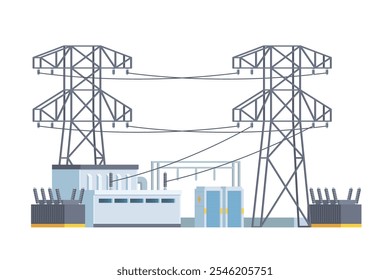 Torres de linha de transmissão de energia elétrica, rede elétrica, cabos de alta tensão elétrica. Ilustração de vetor plano