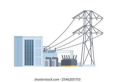 Torres de linha de transmissão de energia elétrica, rede elétrica, cabos de alta tensão elétrica. Ilustração de vetor plano