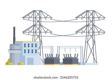 Torres de linha de transmissão de energia elétrica, rede elétrica, cabos de alta tensão elétrica. Ilustração de vetor plano