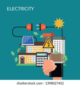 Electricity Production, Storage And Consumption Vector Flat Illustration. Hand Holding Solar Energy Battery, Residential House With Solar Panel, Plug. Renewable Energy And Green Technology Concept.