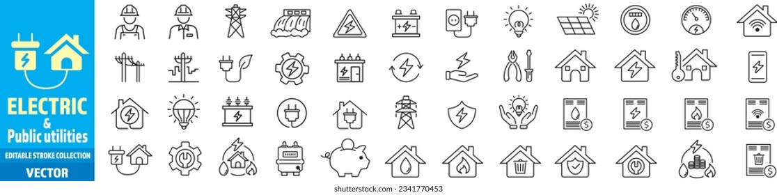 Electricity Public utilities electricity Gas water heating set of icons vector illustration editable stroke. 