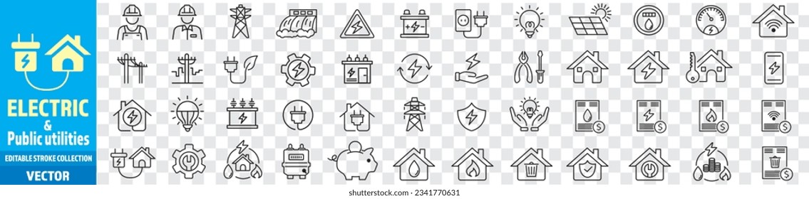 Electricity Public utilities electricity Gas water heating set of icons vector illustration editable stroke. 