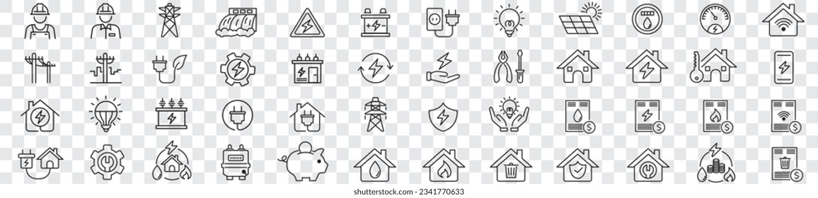 Electricity Public utilities electricity Gas water heating set of icons vector illustration editable stroke. 