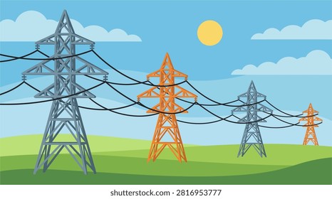 Electricity pylons stand in a row across a grassy field under a bright sun to transmit high voltage power through long distance cables.