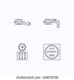 Electricity, radiator and water counter icons. Counter linear sign. Flat linear icons on white background. Vector