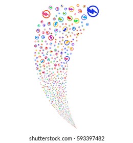 Electricity random fireworks stream. Vector illustration style is flat bright multicolored iconic symbols on a white background. Object fountain organized from scattered pictograms.