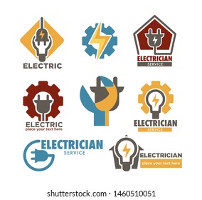 Electricity repair and electrician service electric line isolated icons vector plug and cogwheel thunder and light bulb wiring and currency power, technician or repairman equipment voltage and energy