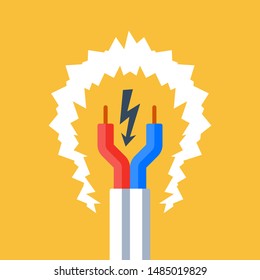 Electricity repair and maintenance services, bare cable with couple of red and blue wires, electric safety, flat design illustration