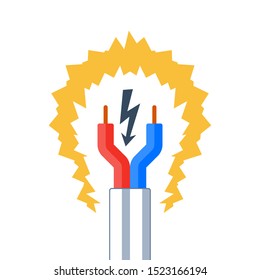 Electricity repair and maintenance services, bare cable with couple of red and blue wires, electric safety, flat design illustration