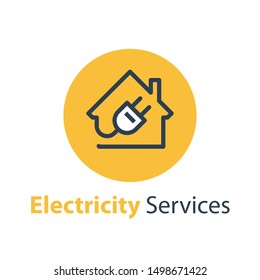 Electricity repair and maintenance services, house and plug, electric safety, linear design illustration