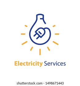 Electricity repair and maintenance services, light bulb and plug, electric safety, linear design illustration