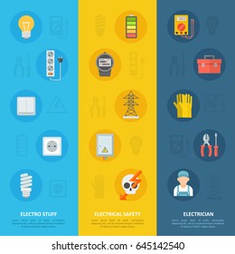 Electricity safety and electrician icon set, educational service poster for understanding the basics of voltage, current and for classes providing professional training. Vector flat style illustration