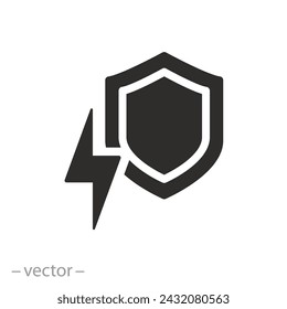 electricity safety icon, surge protection, shield of overload, current shock safe, flat symbol on white background - vector illustration