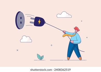 Electricity saving concept. ecology awareness or reduce electric cost and expense, man pulling electric cord to unplug to save money or for ecology power. Flat vector illustration.