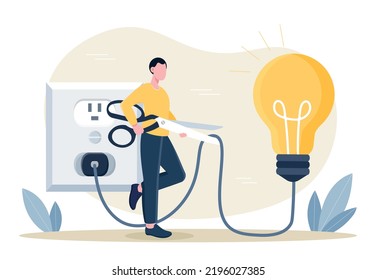 Electricity saving concept. Man cuts cable from socket to light bulb. Motivational poster or banner. Alternative energy sources, consumption reduction metaphor. Cartoon flat vector illustration