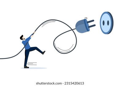 Electricity saving, ecological awareness or electricity cost reduction and spending concept, man unplugging the power cord to unplug to save money or for ecological power. flat vector illustration.