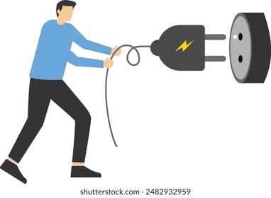 Electricity saving, ecological awareness or electricity cost reduction and spending concept, man unplugging the power cord to unplug to save money or for ecological power. flat vector illustration.