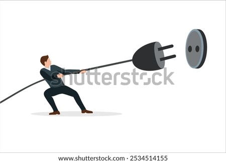 Electricity saving, ecological awareness or electricity cost reduction and spending concept, man unplugging the power cord to unplug to save money or for ecological power. flat vector illustration.