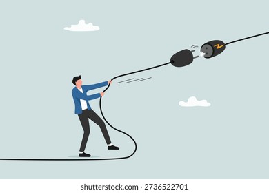 Electricity saving, ecology awareness or reduce electric cost and expense concept, man pulling electric cord to unplug to save money or for ecology power.