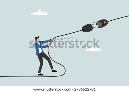 Electricity saving, ecology awareness or reduce electric cost and expense concept, man pulling electric cord to unplug to save money or for ecology power.