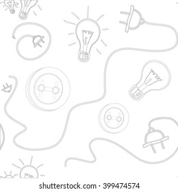 Electricity seamless vector pattern. White background with grey sockets and light bulbs.