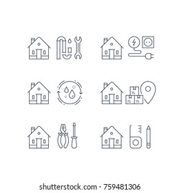 Electricity services, plumbing repair, p-trap clog, home cleaning, moving house, box delivery, home maintenance, real estate solution, installment concept, vector line icon