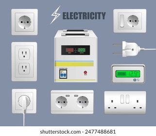 Electricity. Set of electrical sockets and devices. Vector realistic illustration
