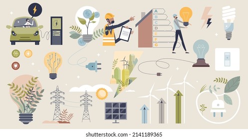 Electricidad establecida como energía verde o fuente sostenible de recolección de pequeñas personas. Elementos con energía ambiental verde con la ilustración vectorial de baterías solares y eólicas. Generadores de turbinas ecológicas.