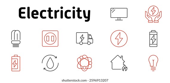 Electricity set icon. Battery, energy transportation, voltage, power station, safety, renewable energy, sustainability, home automation, technology, electrical infrastructure