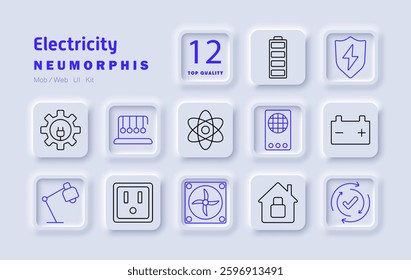 Electricity set icon. Battery, energy protection, electric power, home security, renewable resources, technological efficiency, industrial automation, scientific research, digital transformation