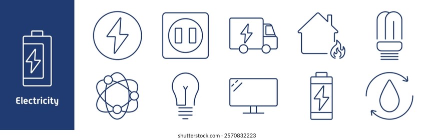 Electricity set icon. Battery, lightning symbol, power socket, delivery truck, electric house, fluorescent bulb, molecule, monitor, energy cycle