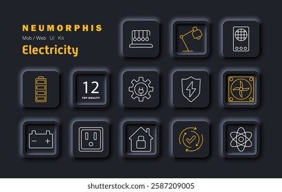 Electricity set icon. Battery storage, lighting, ventilation, home automation, energy efficiency, power protection, smart devices, electrical safety, innovation