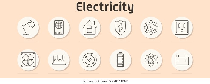 Electricity set icon. Desk lamp, radio, smart home, shield with bolt, gear with plug, wall socket, fan, charging station, battery, atom, Newton's cradle, electric circuit