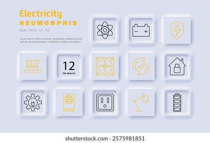 Electricity set icon. Energy storage, smart grid, renewable sources, battery management, power distribution, home automation, electric safety, sustainable solutions