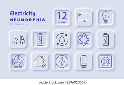 Electricity set icon. Energy transport, renewable power, battery storage, smart grid, home electrification, scientific discovery, eco-friendly lighting, digital transformation, sustainable energy