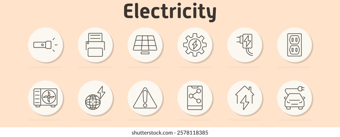 Electricity set icon. Flashlight, printer, solar panel, gear with bolt, power plug, socket, fan, globe with bolt, warning, smartphone with network, house with power, electric vehicle