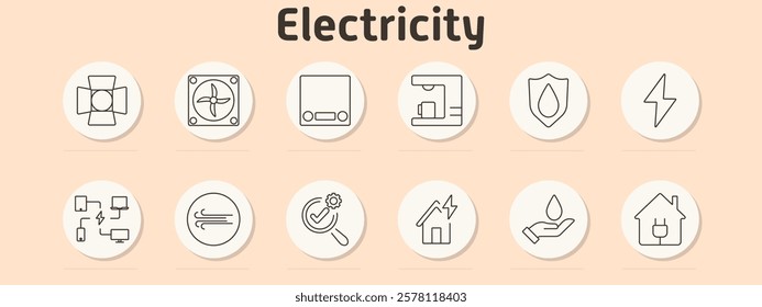 Electricity set icon. Generator, fan, battery, charger, shield, bolt, connection diagram, airflow, energy analysis, house power, water conservation, smart home