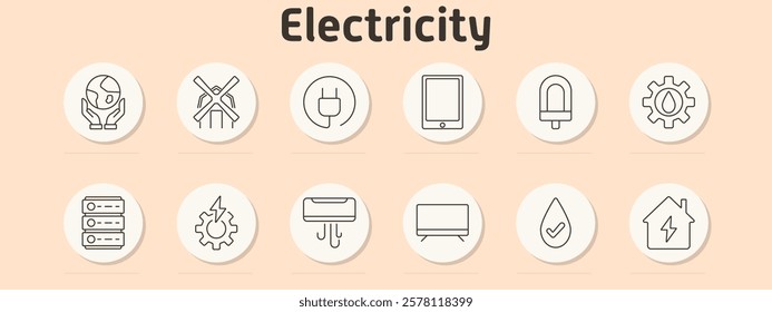 Electricity set icon. Globe in hands, windmill, plug, tablet, LED bulb, gear with drop, server, gear with bolt, air conditioner, monitor, water drop with checkmark, house with power