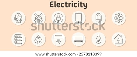 Electricity set icon. Globe in hands, windmill, plug, tablet, LED bulb, gear with drop, server, gear with bolt, air conditioner, monitor, water drop with checkmark, house with power