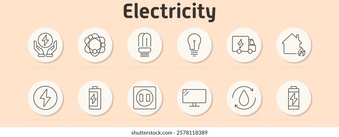 Electricity set icon. Hands with bolt, atom, LED bulb, light bulb, electric truck, house with flame, bolt, battery, socket, monitor, water conservation, chargeable battery