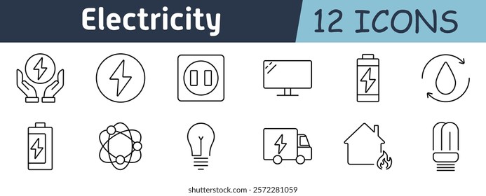 Electricity set icon. Hands holding energy, eco-friendly power, light bulb, electric truck, home, renewable energy, power cycle, atom, energy conservation, batteries, efficient systems