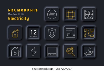 Electricity set icon. Home power, safety, industrial technology, renewable energy, system efficiency, circuit protection, smart devices, energy flow, automation