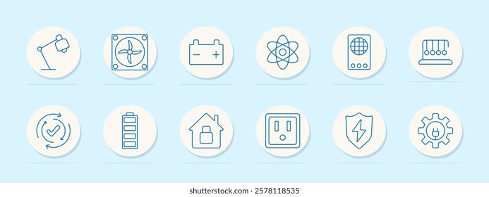 Electricity set icon. Lamp, ventilation, battery, atom, grid, charge cycle, locked house. Represent power systems, secure energy, and technology