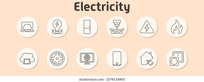 Electricity set icon. Laptop cloud, bulb, fridge, industrial press, warning sign, flame, cloud computing, energy wheel, globe, mobile, house, switchboard