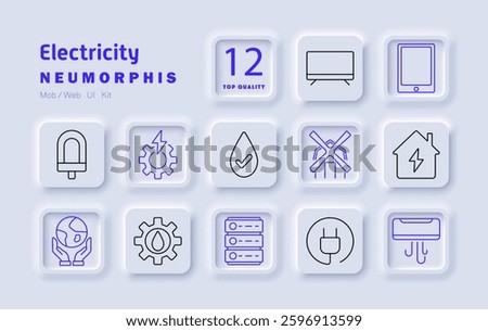 Electricity set icon. LED, energy production, water conservation, wind power, smart home, data storage, eco technology, renewable energy, power management, electrical connection, automation