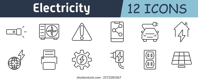 Electricity set icon. Light bulb, solar panel, power outlet, electric vehicle, battery, charging, warning sign, global energy, generator, circuit, renewable power, appliances, home electricity