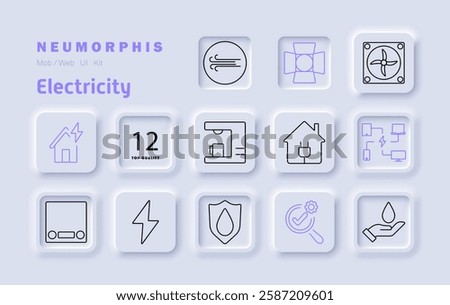 Electricity set icon. Lightning bolt, cooling fan, circuit connection, home power, electric safety, network, ventilation, protection, electrical engineering, inspection, automation, smart solutions